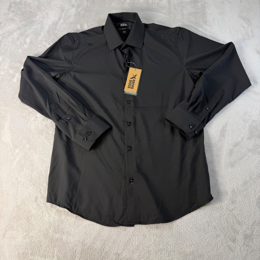 Eddie Bauer Performance Dress Shirt Mens M Black Slim Fit Stretch Button Down